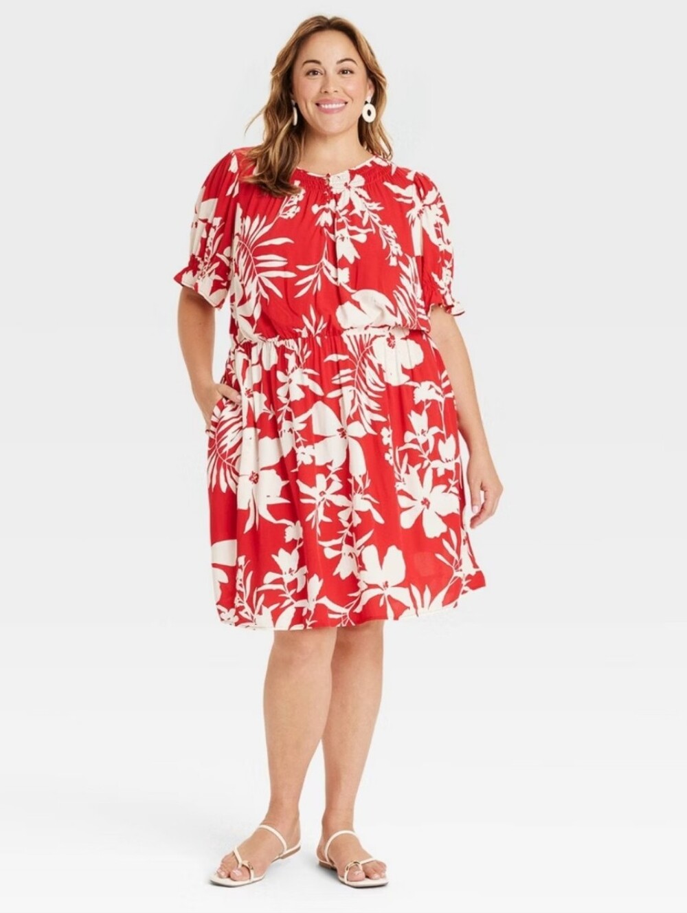 Women's Short Sleeve Mini A-Line Dress - Ava & Viv Red Floral 3X